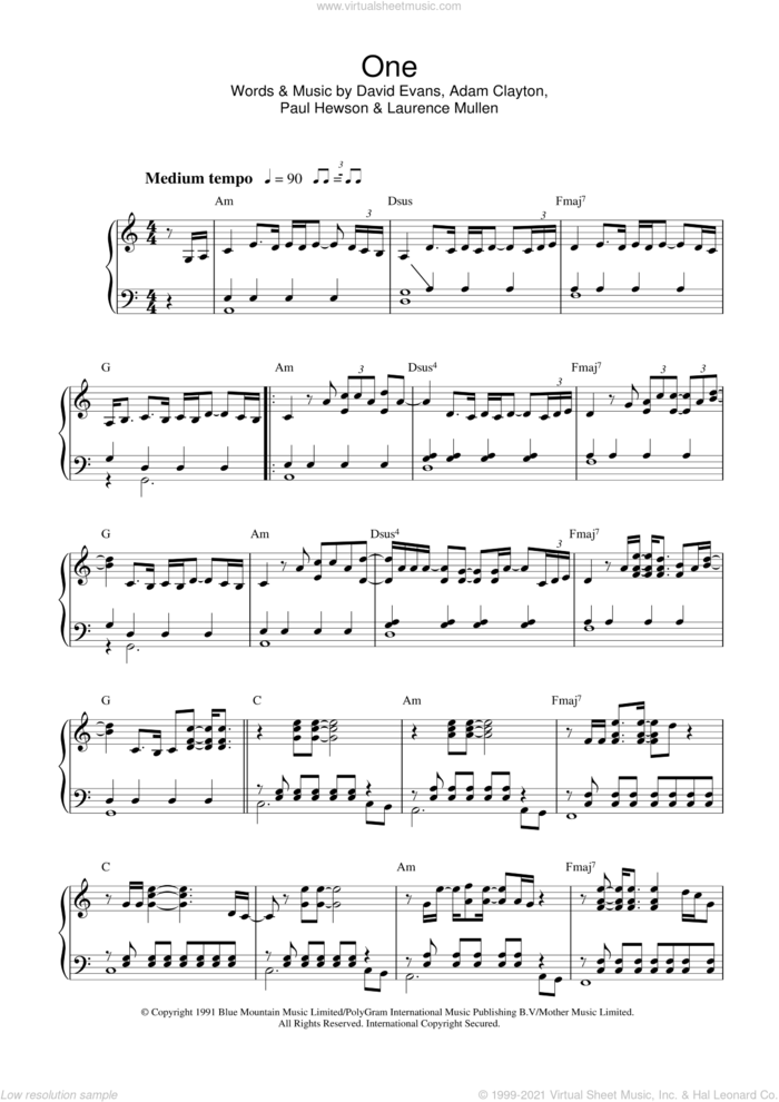 One, (intermediate) sheet music for piano solo by U2, Adam Clayton, David Evans, Larry Mullen Jr., Laurence Mullen and Paul Hewson, intermediate skill level