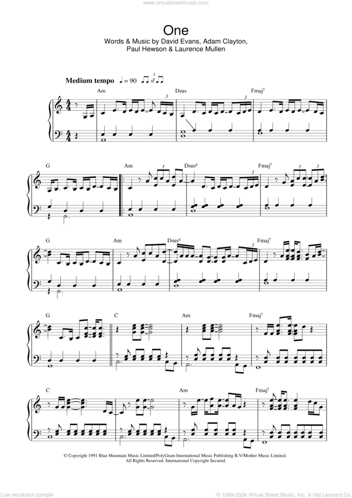 One, (intermediate) sheet music for piano solo by U2, Adam Clayton, David Evans, Larry Mullen Jr., Laurence Mullen and Paul Hewson, intermediate skill level