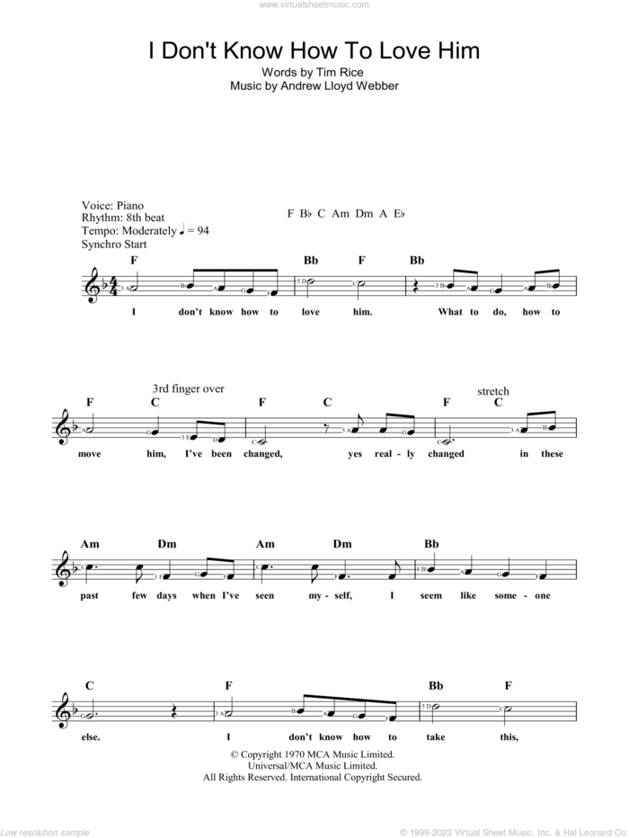 I Don't Know How To Love Him sheet music for voice and other instruments (fake book) by Andrew Lloyd Webber and Tim Rice, intermediate skill level