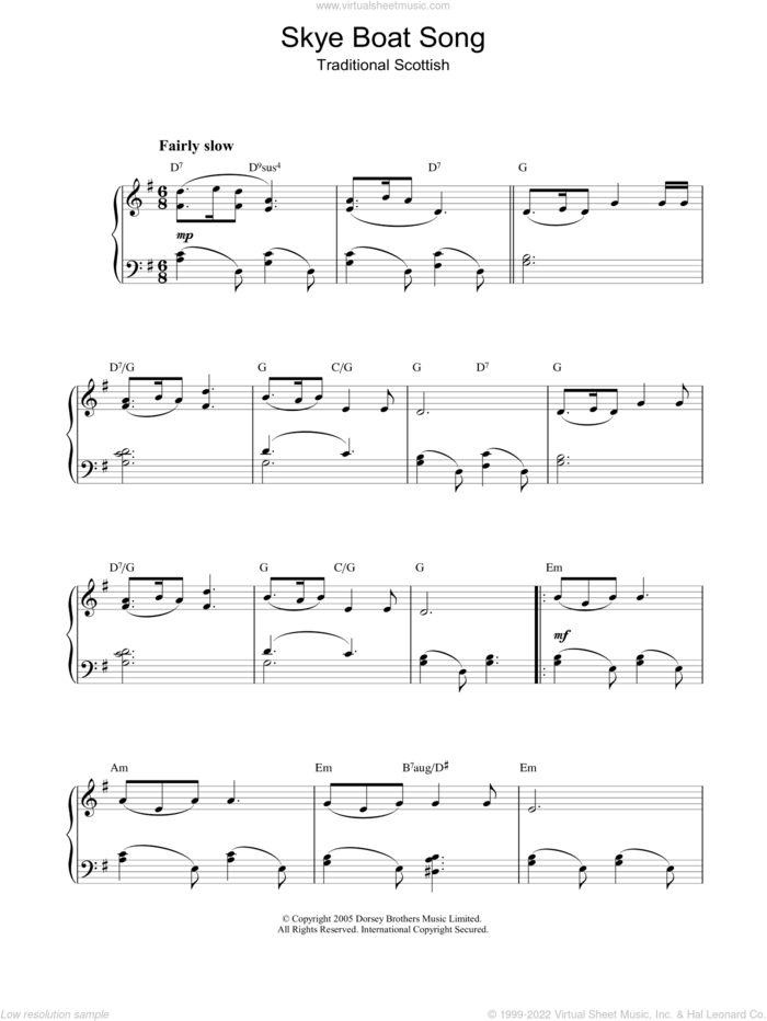 Skye Boat Song sheet music for piano solo, intermediate skill level