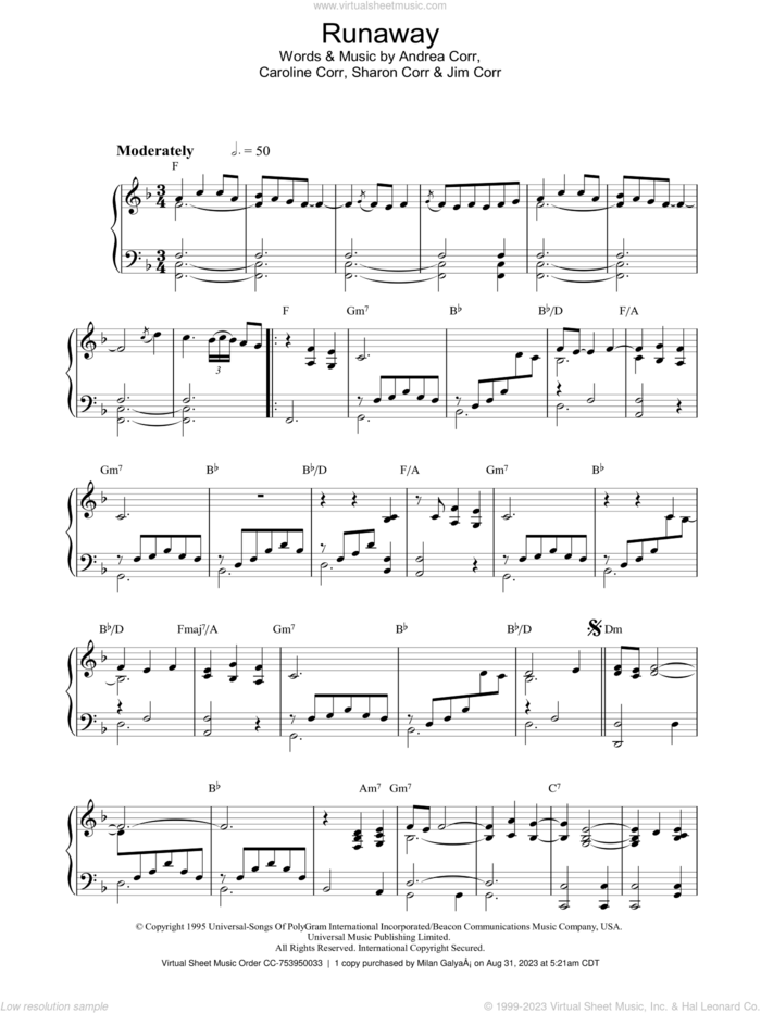 Runaway sheet music for piano solo by The Corrs, Andrea Corr, Caroline Corr, Jim Corr and Sharon Corr, intermediate skill level