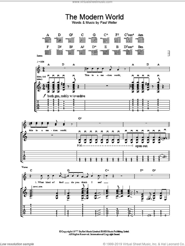 The Modern World sheet music for guitar (tablature) by The Jam and Paul Weller, intermediate skill level
