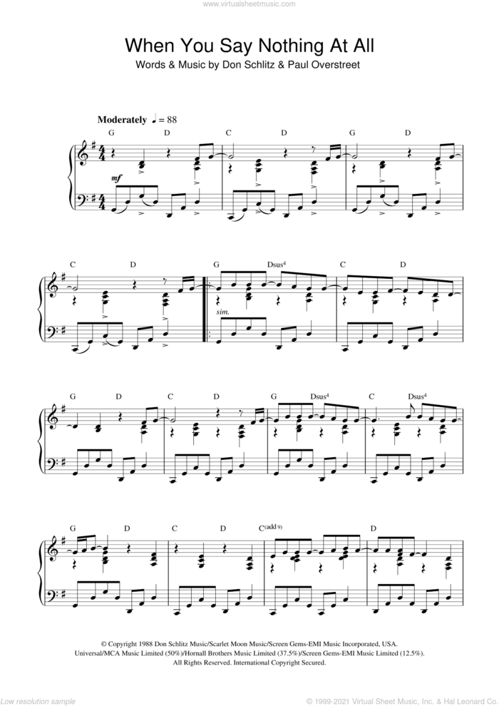 When You Say Nothing At All sheet music for piano solo by Ronan Keating, Don Schlitz and Paul Overstreet, intermediate skill level