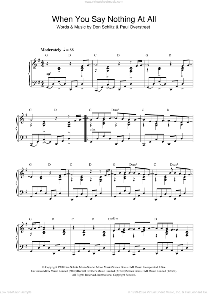 When You Say Nothing At All sheet music for piano solo by Ronan Keating, Don Schlitz and Paul Overstreet, intermediate skill level