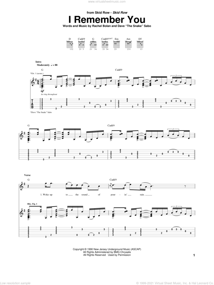 I Remember You sheet music for guitar (tablature) by Skid Row, Dave Sabo and Rachel Bolan, intermediate skill level