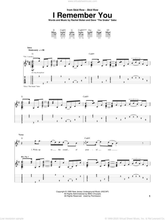 I Remember You sheet music for guitar (tablature) by Skid Row, Dave Sabo and Rachel Bolan, intermediate skill level