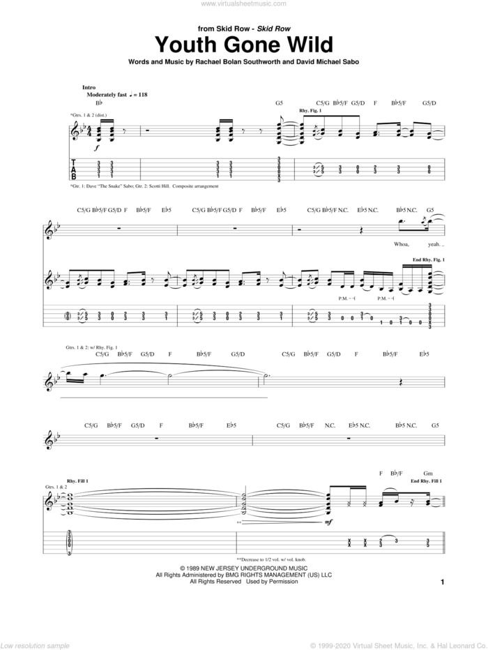 Youth Gone Wild sheet music for guitar (tablature) by Skid Row, Dave Sabo and Rachel Bolan, intermediate skill level