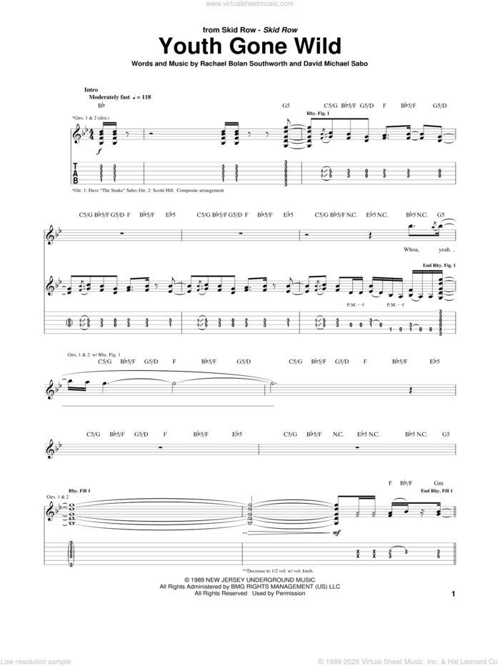 Youth Gone Wild sheet music for guitar (tablature) by Skid Row, Dave Sabo and Rachel Bolan, intermediate skill level