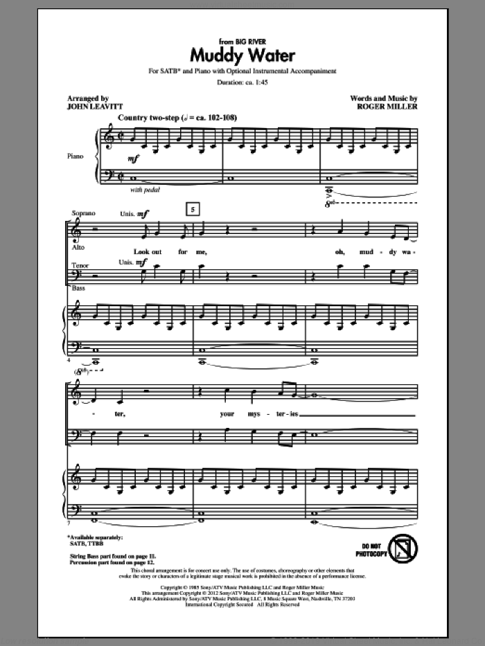 Muddy Water sheet music for choir (SATB: soprano, alto, tenor, bass) by John Leavitt and Roger Miller, intermediate skill level