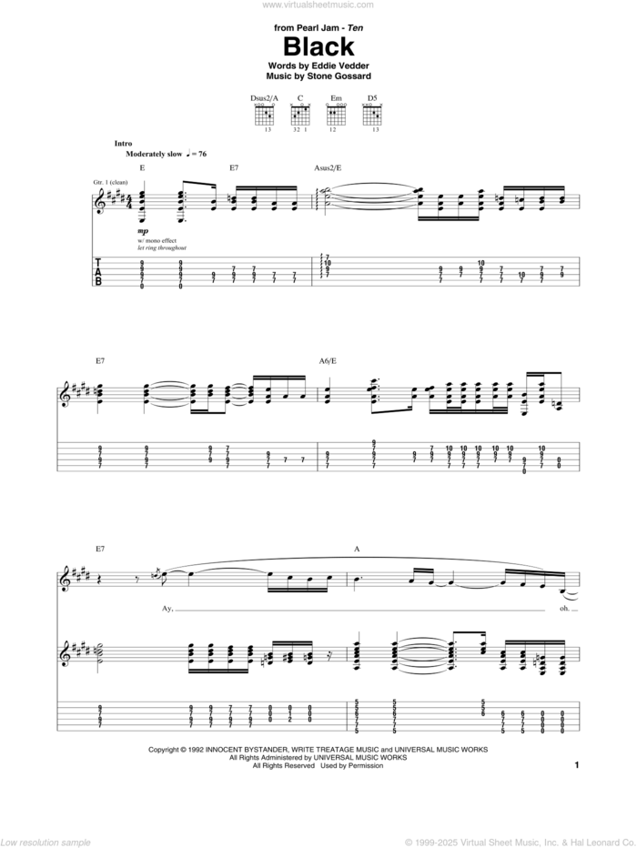 Black sheet music for guitar (tablature) by Pearl Jam, Eddie Vedder and Stone Gossard, intermediate skill level