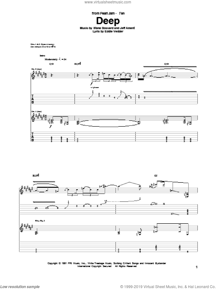 Deep sheet music for guitar (tablature) by Pearl Jam, Eddie Vedder, Jeff Ament and Stone Gossard, intermediate skill level