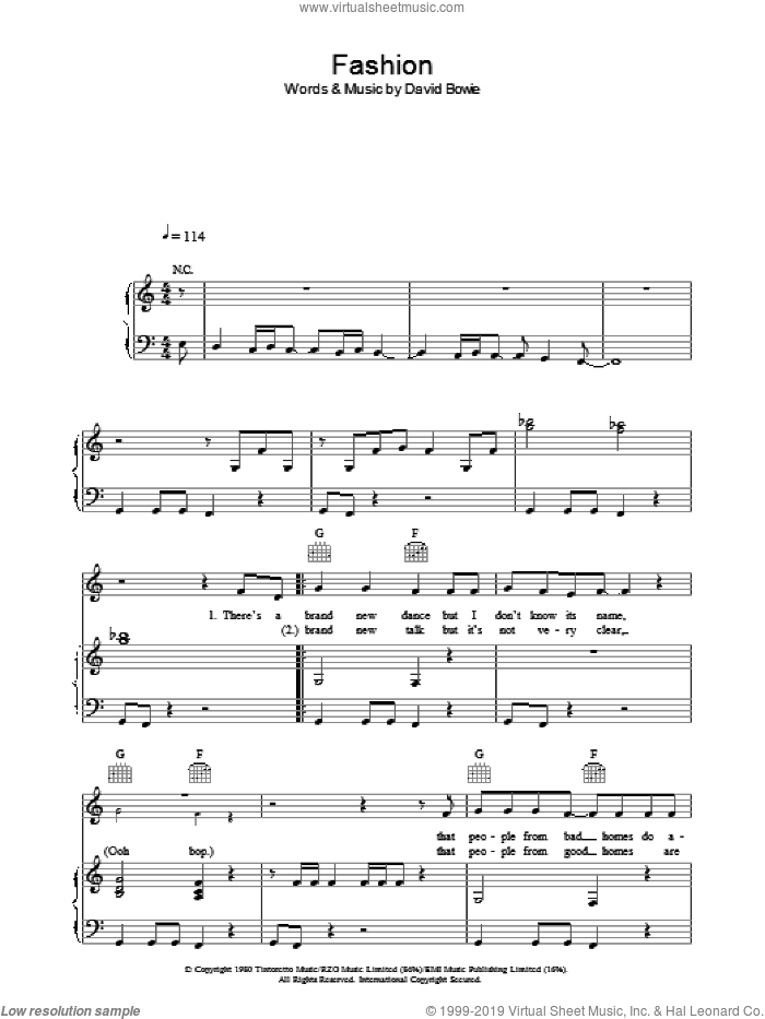 Fashion sheet music for voice, piano or guitar by David Bowie, intermediate skill level