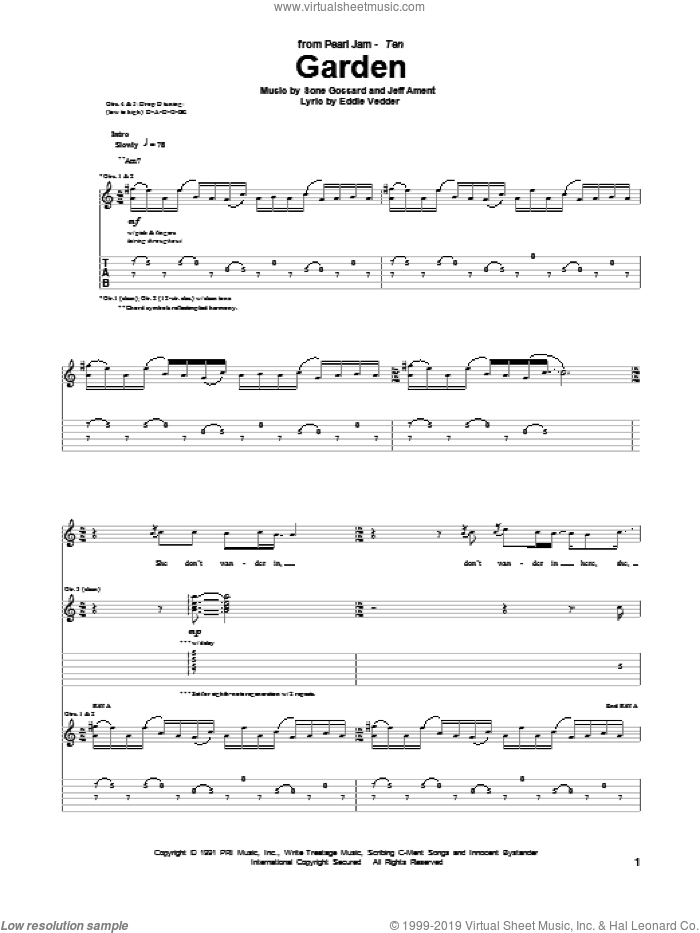 Garden sheet music for guitar (tablature) by Pearl Jam, Eddie Vedder, Jeff Ament and Stone Gossard, intermediate skill level