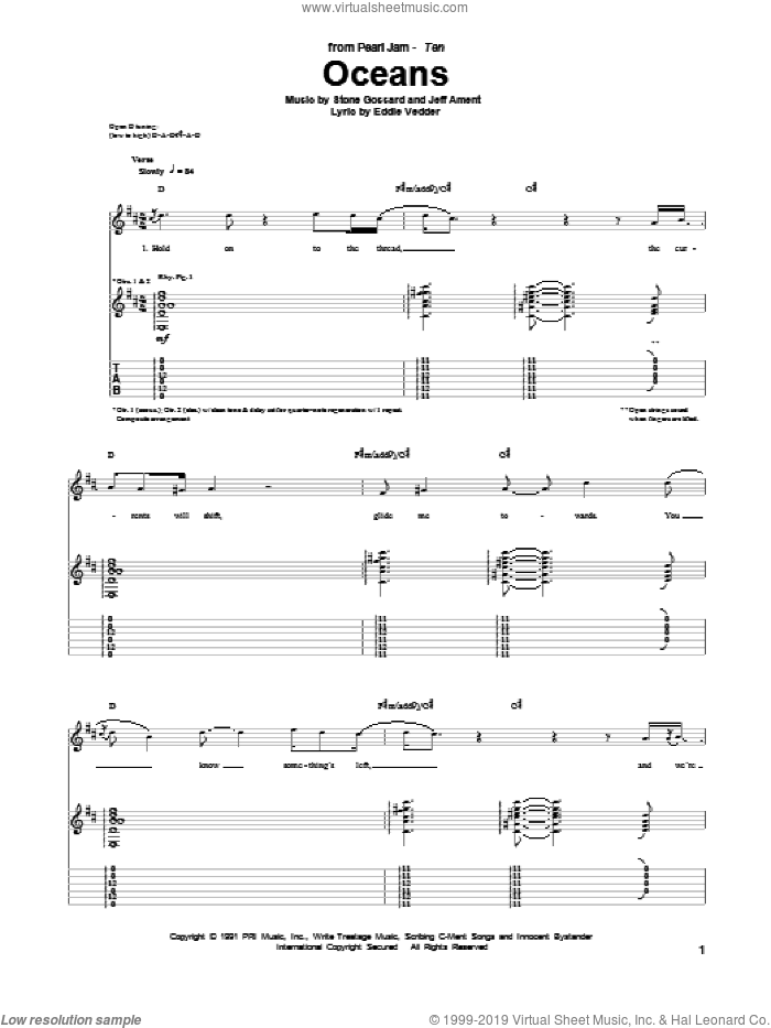 Oceans sheet music for guitar (tablature) by Pearl Jam, Eddie Vedder, Jeff Ament and Stone Gossard, intermediate skill level
