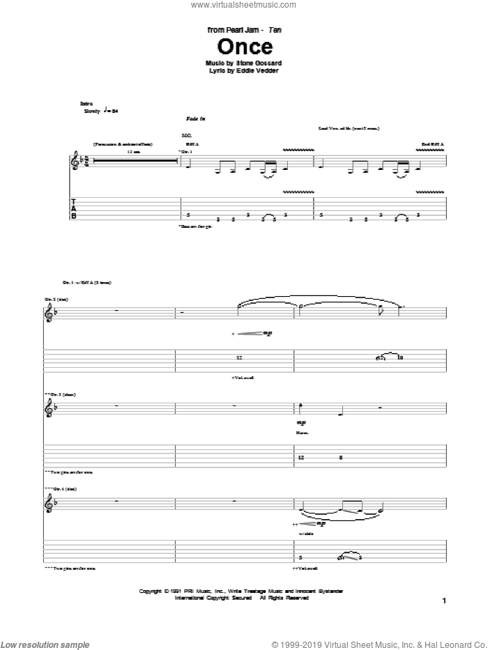 Once sheet music for guitar (tablature) by Pearl Jam, Eddie Vedder and Stone Gossard, intermediate skill level