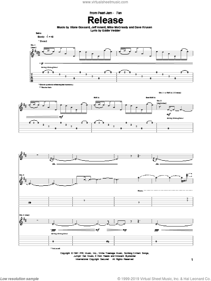 Release sheet music for guitar (tablature) by Pearl Jam, Dave Krusen, Eddie Vedder, Jeff Ament, Mike McCready and Stone Gossard, intermediate skill level