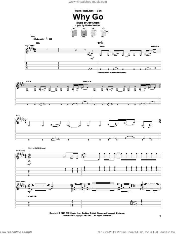 Why Go sheet music for guitar (tablature) by Pearl Jam, Eddie Vedder and Jeff Ament, intermediate skill level