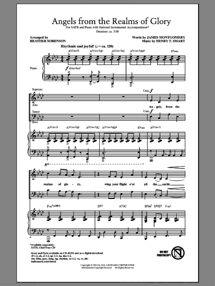 Angels From The Realms Of Glory sheet music for choir (SATB: soprano, alto, tenor, bass) by Henry T. Smart, Heather Sorenson and James Montgomery, intermediate skill level