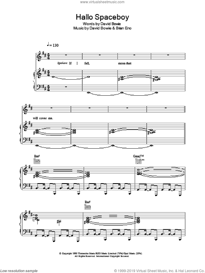 Hallo Spaceboy sheet music for voice, piano or guitar by David Bowie and Brian Eno, intermediate skill level