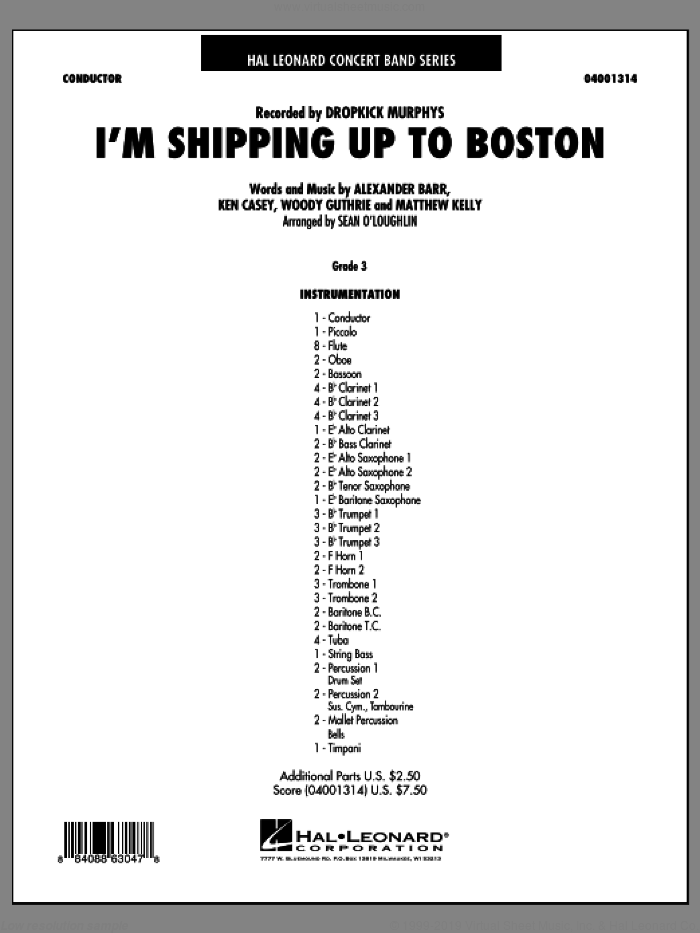 I'm Shipping Up To Boston (COMPLETE) sheet music for concert band by Woody Guthrie, Alexander Barry, Ken Casey, Matthew Kelly and Dropkick Murphys, intermediate skill level