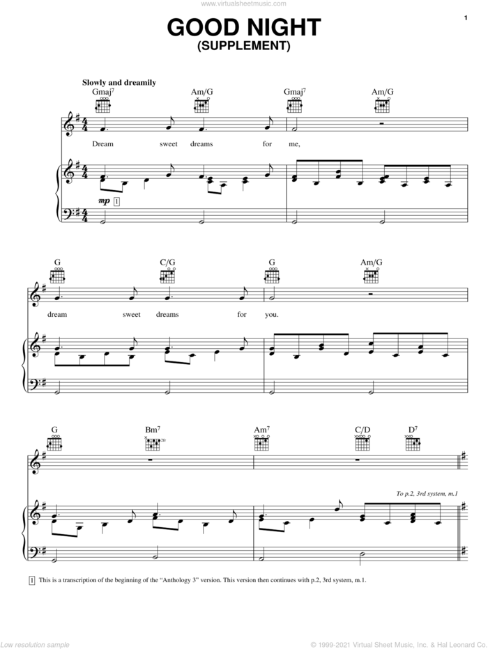 Good Night sheet music for voice, piano or guitar by The Beatles, John Lennon and Paul McCartney, intermediate skill level