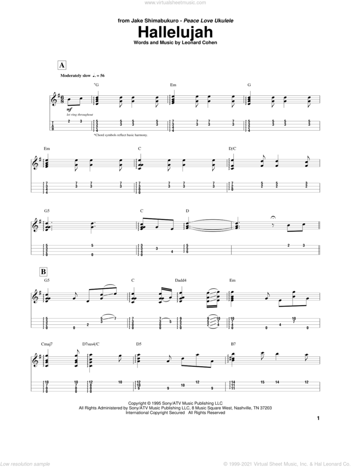 Hallelujah (arr. Jake Shimabukuro) sheet music for ukulele by Leonard Cohen and Jake Shimabukuro, intermediate skill level