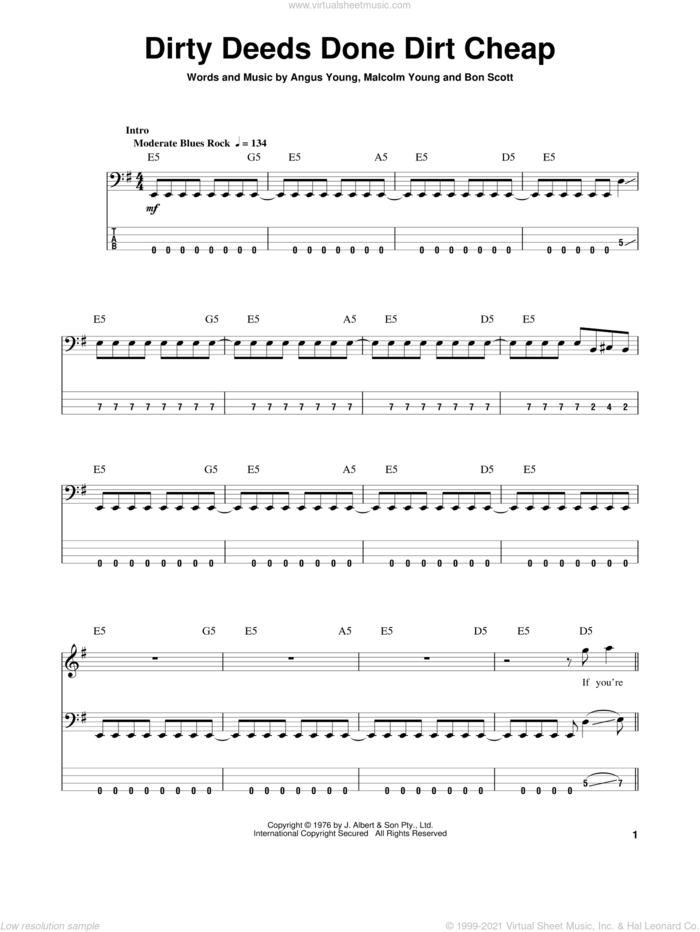 Dirty Deeds Done Dirt Cheap sheet music for bass (tablature) (bass guitar) by AC/DC, Angus Young, Bon Scott and Malcolm Young, intermediate skill level