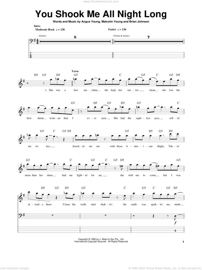 You Shook Me All Night Long sheet music for bass (tablature) (bass guitar) by AC/DC, Angus Young, Brian Johnson and Malcolm Young, intermediate skill level