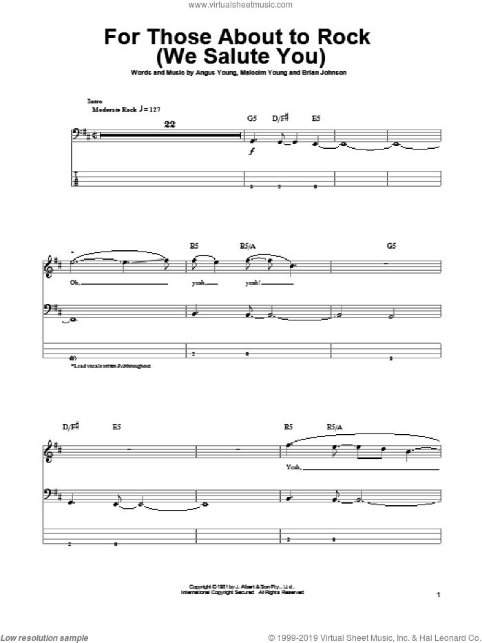 For Those About To Rock (We Salute You) sheet music for bass (tablature) (bass guitar) by AC/DC, Angus Young, Brian Johnson and Malcolm Young, intermediate skill level