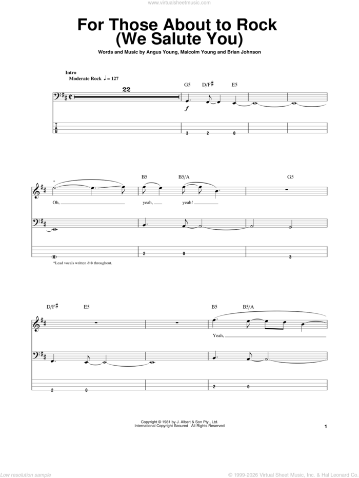 For Those About To Rock (We Salute You) sheet music for bass (tablature) (bass guitar) by AC/DC, Angus Young, Brian Johnson and Malcolm Young, intermediate skill level