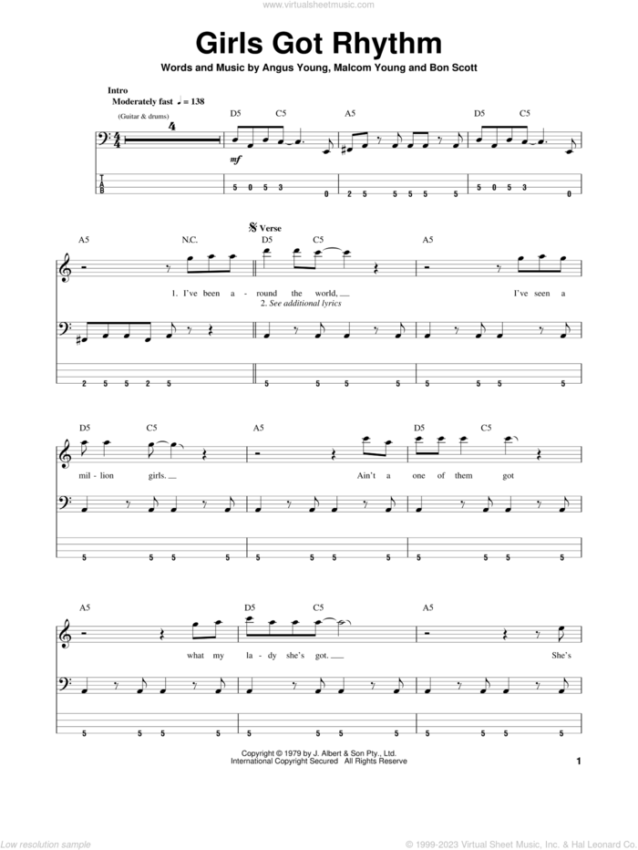 Girls Got Rhythm sheet music for bass (tablature) (bass guitar) by AC/DC, Angus Young, Bon Scott and Malcolm Young, intermediate skill level