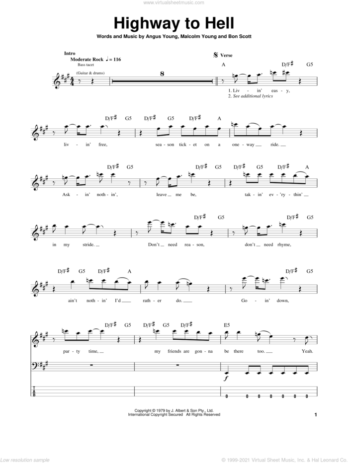 Highway To Hell sheet music for bass (tablature) (bass guitar) by AC/DC, Angus Young, Bon Scott and Malcolm Young, intermediate skill level