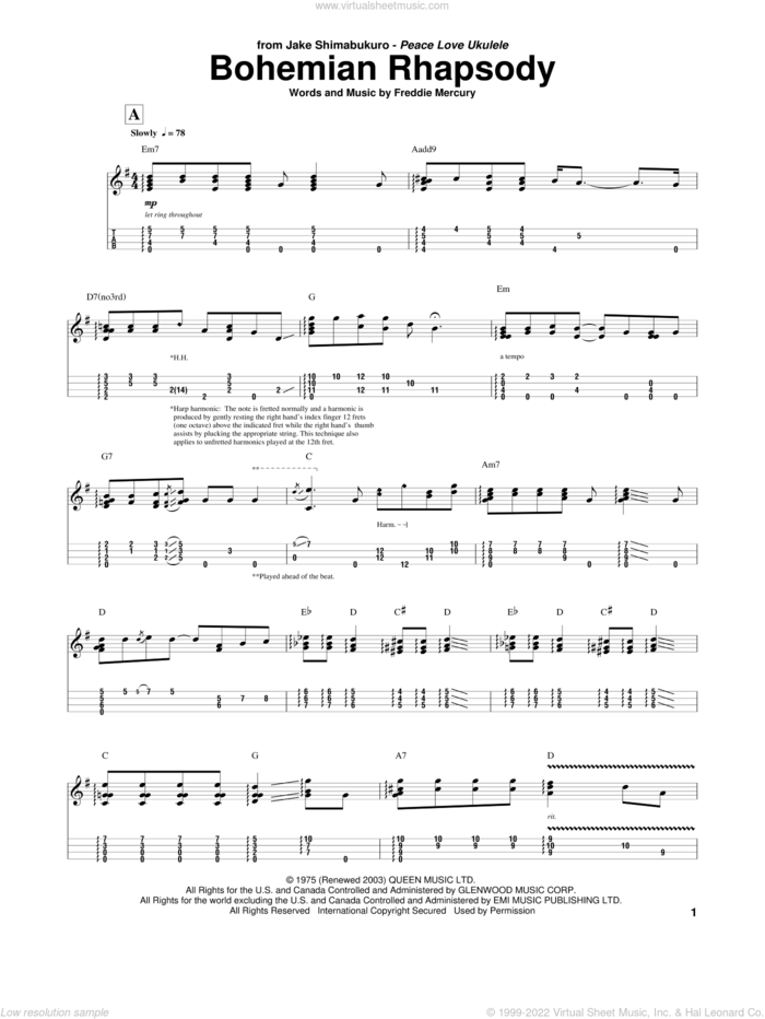 Bohemian Rhapsody (arr. Jake Shimabukuro) sheet music for ukulele by Freddie Mercury, Jake Shimabukuro and Queen, intermediate skill level