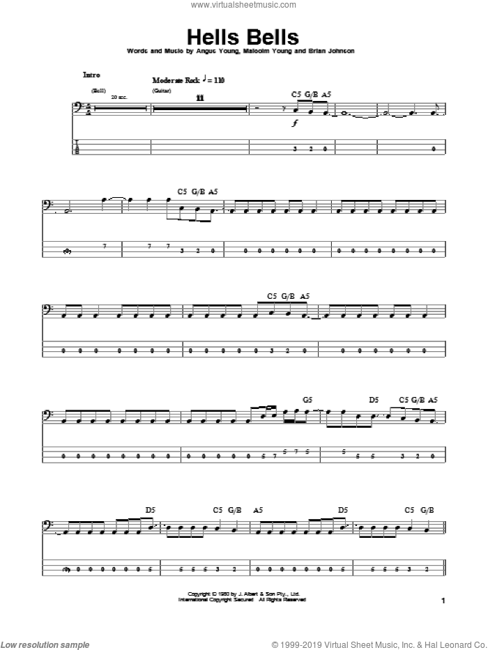 Hells Bells sheet music for bass (tablature) (bass guitar) by AC/DC, Angus Young, Brian Johnson and Malcolm Young, intermediate skill level