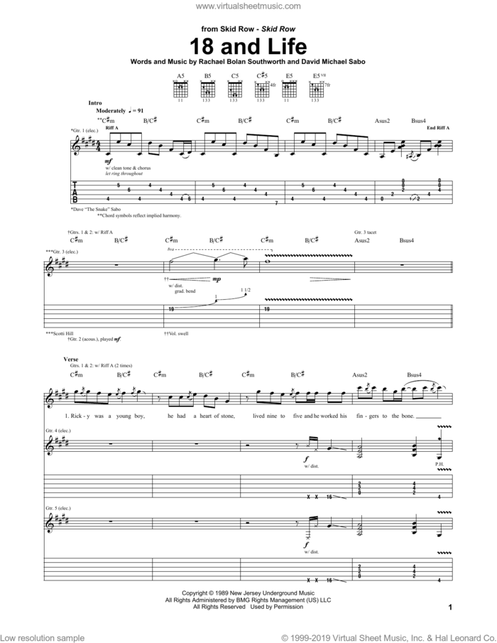 18 And Life sheet music for guitar (tablature) by Skid Row, David Michael Sabo and Rachael Bolan Southworth, intermediate skill level