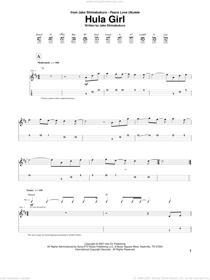 Hula Girl sheet music for ukulele by Jake Shimabukuro, intermediate skill level