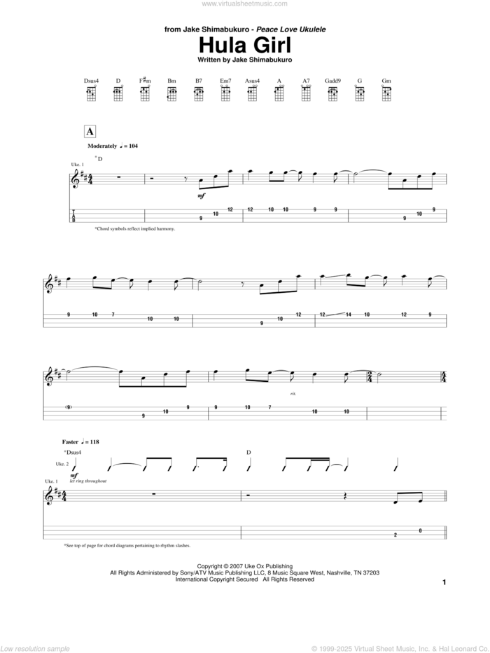 Hula Girl sheet music for ukulele by Jake Shimabukuro, intermediate skill level