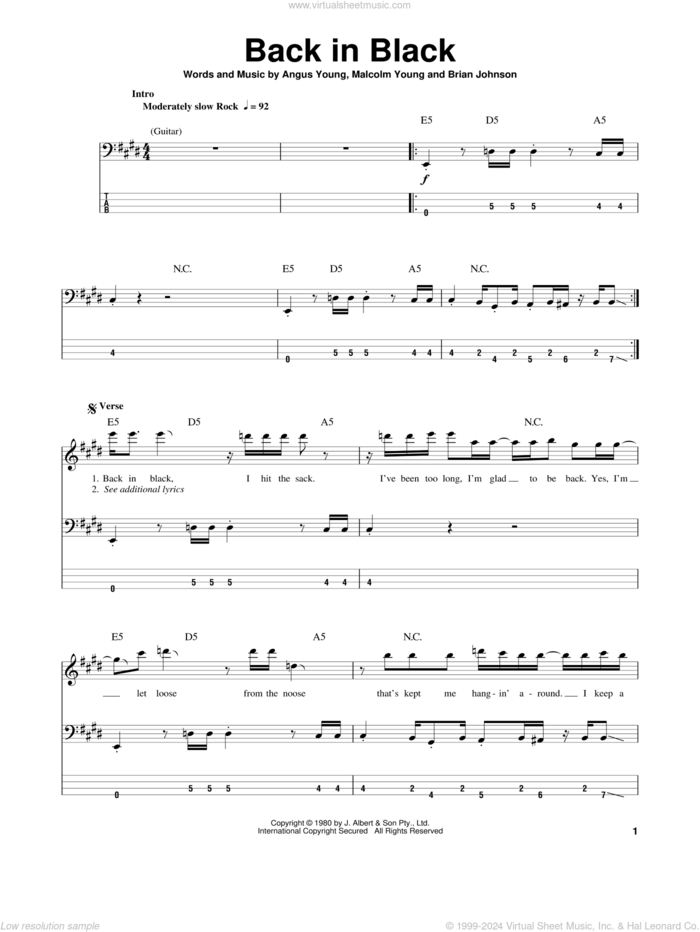 Back In Black sheet music for bass (tablature) (bass guitar) by AC/DC, Angus Young, Brian Johnson and Malcolm Young, intermediate skill level
