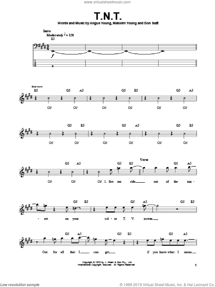 T.N.T. sheet music for bass (tablature) (bass guitar) by AC/DC, Angus Young, Bon Scott and Malcolm Young, intermediate skill level