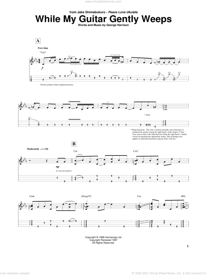While My Guitar Gently Weeps (arr. Jake Shimabukuro) sheet music for ukulele by George Harrison, Jake Shimabukuro and The Beatles, intermediate skill level