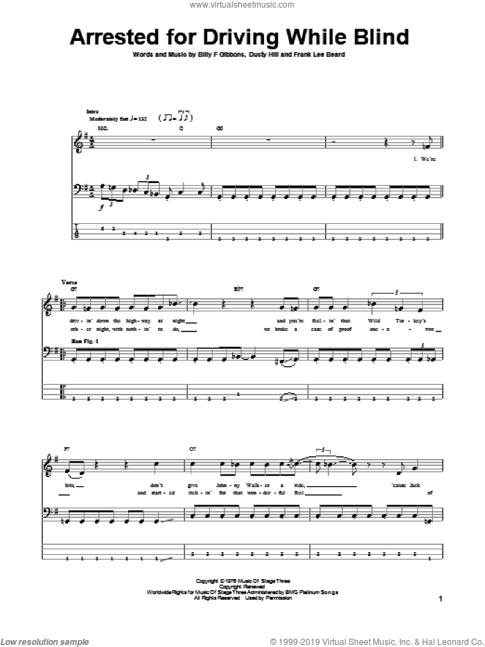 Arrested For Driving While Blind sheet music for bass (tablature) (bass guitar) by ZZ Top, Billy Gibbons, Dusty Hill and Frank Beard, intermediate skill level