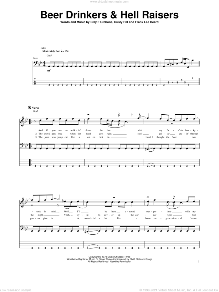 Beer Drinkers and Hell Raisers sheet music for bass (tablature) (bass guitar) by ZZ Top, Billy Gibbons, Dusty Hill and Frank Beard, intermediate skill level