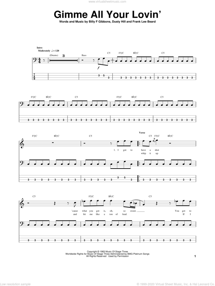 Gimme All Your Lovin' sheet music for bass (tablature) (bass guitar) by ZZ Top, Billy Gibbons, Dusty Hill and Frank Beard, intermediate skill level