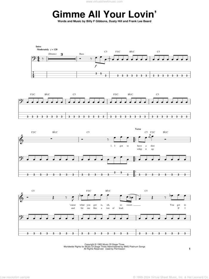 Gimme All Your Lovin' sheet music for bass (tablature) (bass guitar) by ZZ Top, Billy Gibbons, Dusty Hill and Frank Beard, intermediate skill level