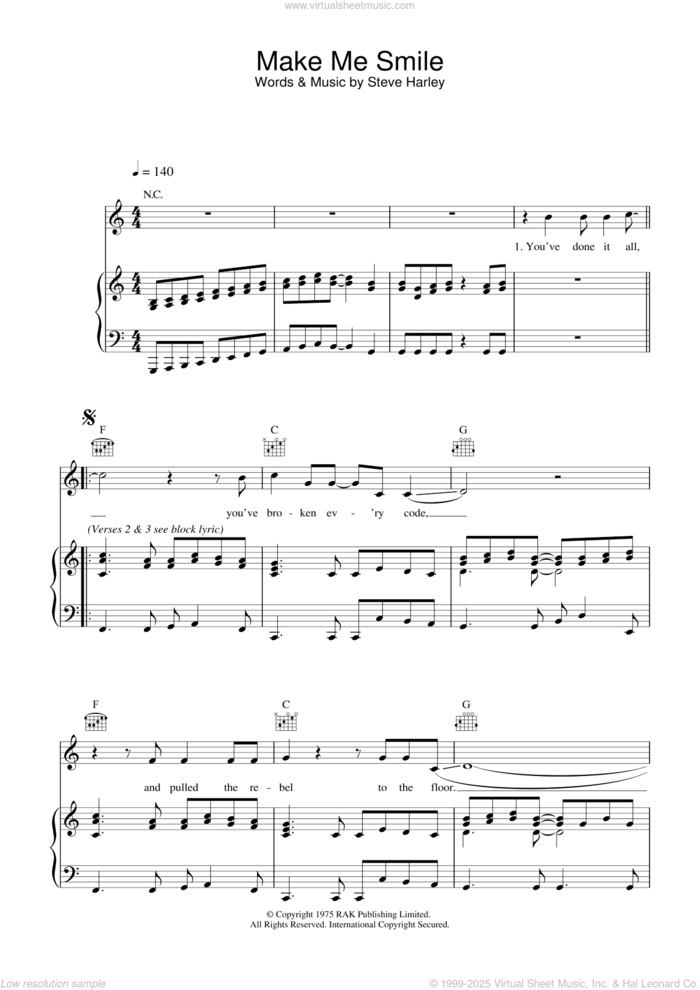 Make Me Smile (Come Up And See Me) sheet music for voice, piano or guitar by Steve Harley & Cockney Rebel, Cockney Rebel and Steve Harley, intermediate skill level