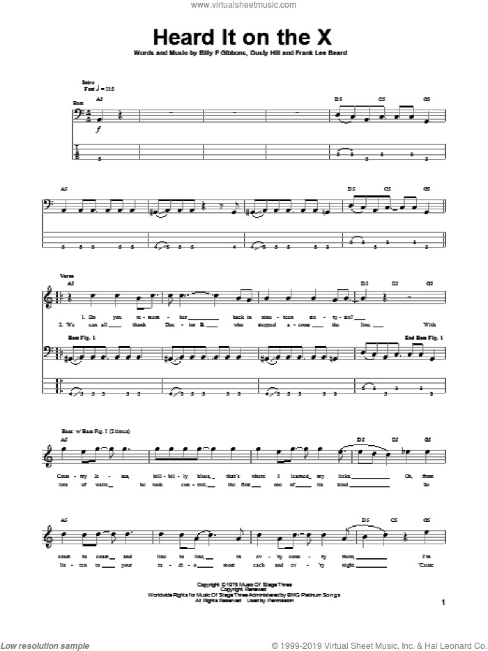 Heard It On The X sheet music for bass (tablature) (bass guitar) by ZZ Top, Billy Gibbons, Dusty Hill and Frank Beard, intermediate skill level