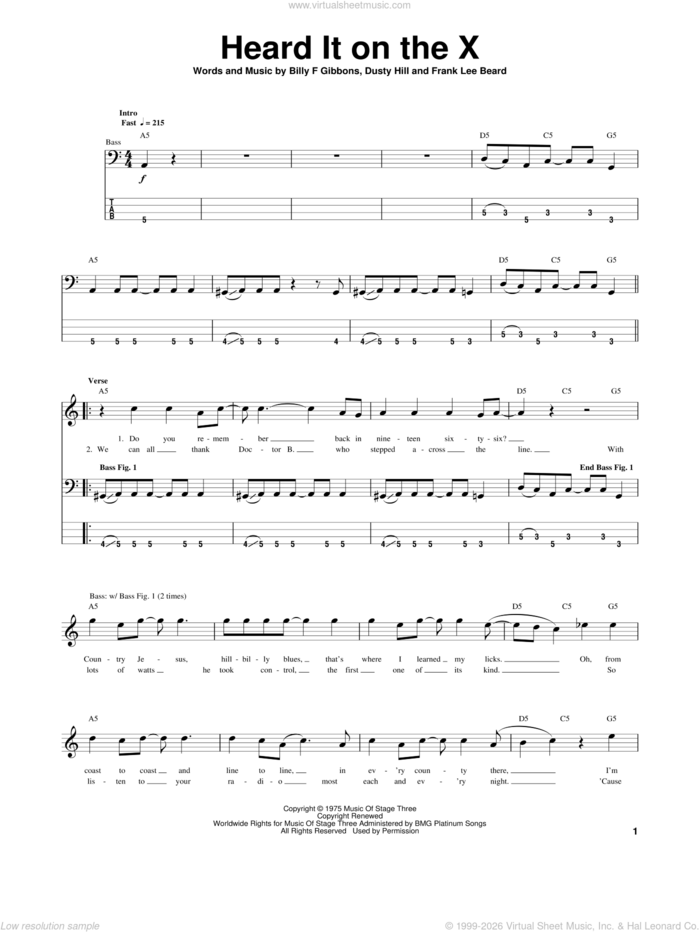 Heard It On The X sheet music for bass (tablature) (bass guitar) by ZZ Top, Billy Gibbons, Dusty Hill and Frank Beard, intermediate skill level