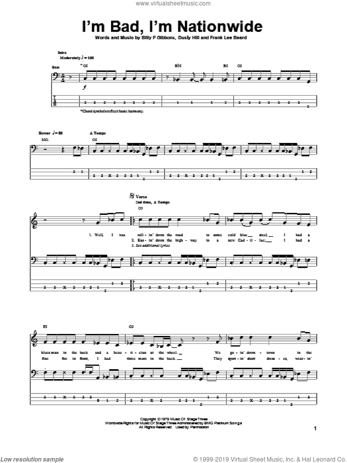 I'm Bad, I'm Nationwide sheet music for bass (tablature) (bass guitar) by ZZ Top, Billy Gibbons, Dusty Hill and Frank Beard, intermediate skill level