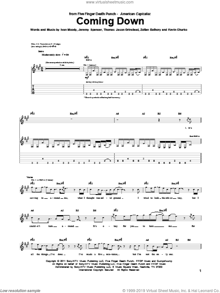 Coming Down sheet music for guitar (tablature) by Five Finger Death Punch, Ivan Moody, Jeremy Spencer, Kevin Churko, Thomas Jason Grinstead and Zoltan Bathory, intermediate skill level