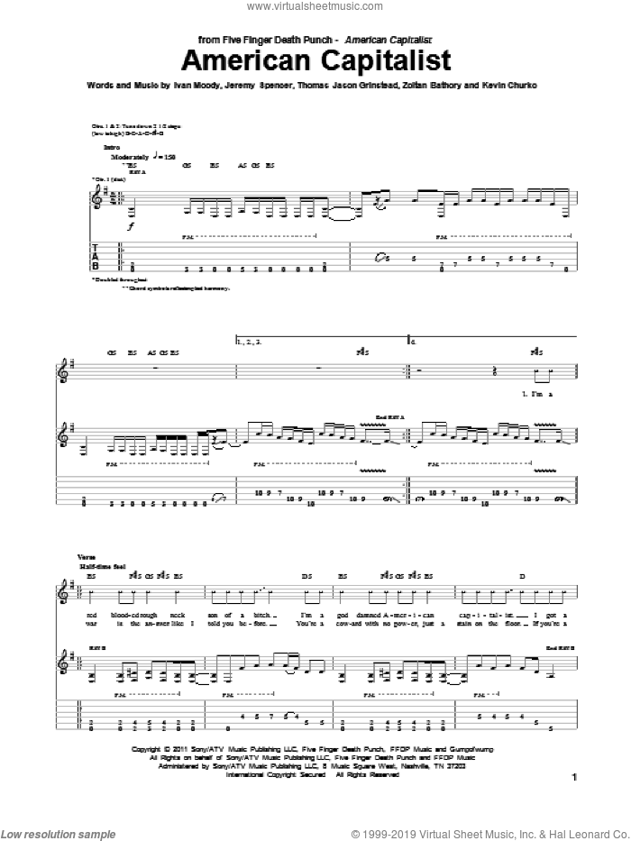 American Capitalist sheet music for guitar (tablature) by Five Finger Death Punch, Ivan Moody, Jeremy Spencer, Kevin Churko, Thomas Jason Grinstead and Zoltan Bathory, intermediate skill level